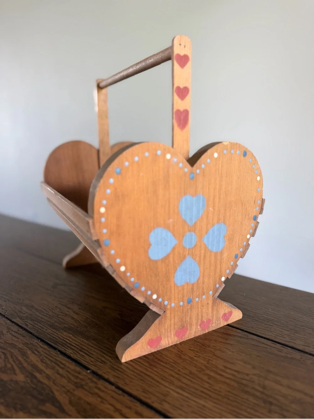 Vintage Wooden Heart Slat Basket Caddy Handle Blue Folk Art Stencil Cottagecore